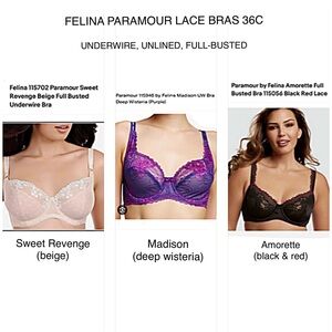 3 FELINA LACE “PARAMOUR” BRAS 36C Full Busted UNDERWIRE Unlined SEXY!